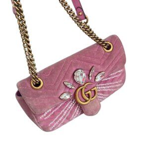 Gucci GG Marmont Small Pink Velvet Crystal Embellished Matelassé Shoulder Bag